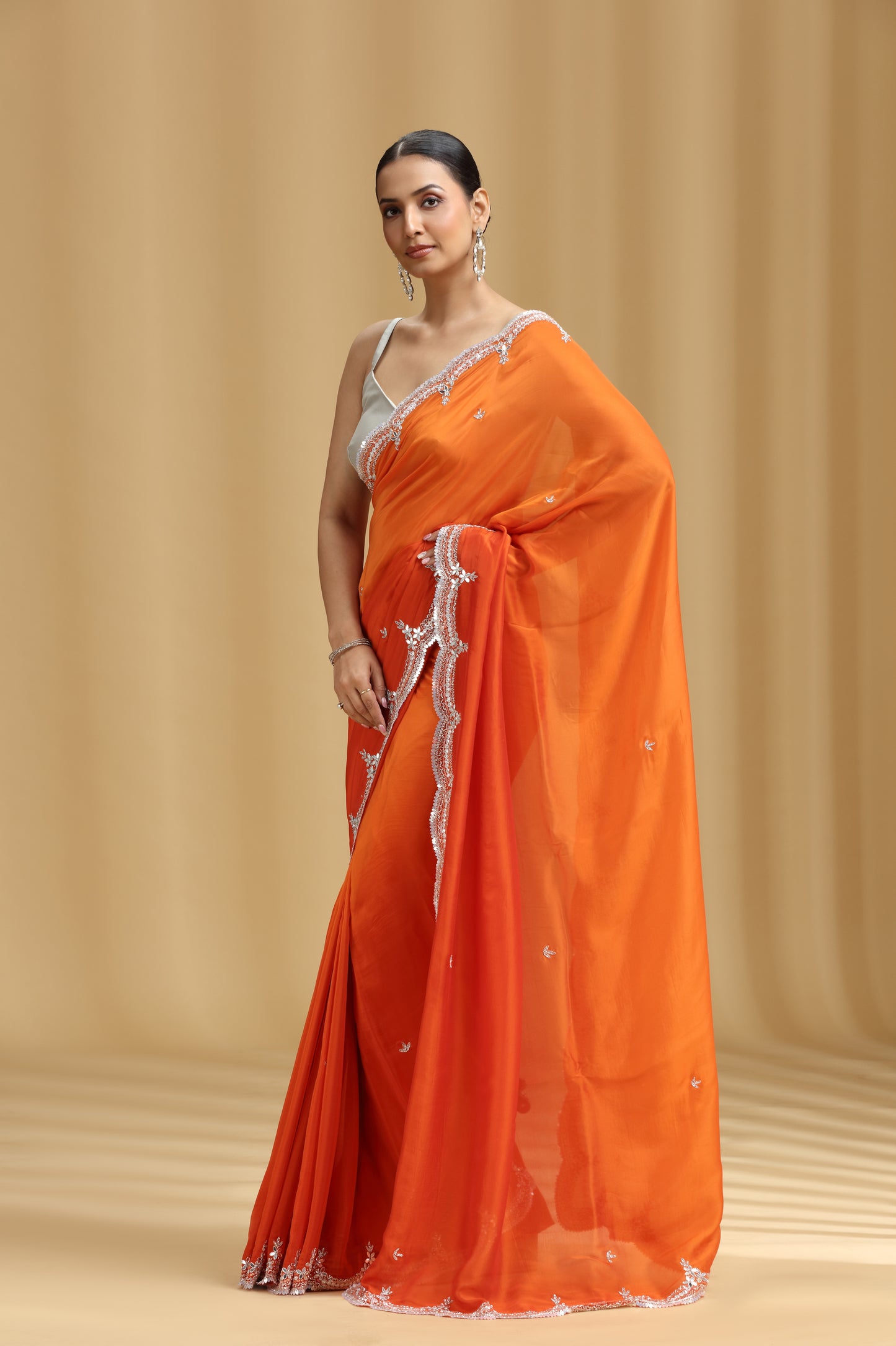 Orange Crepe Saree with Sequins, Cutdana, Stone & Tikki Work (Unstitched)