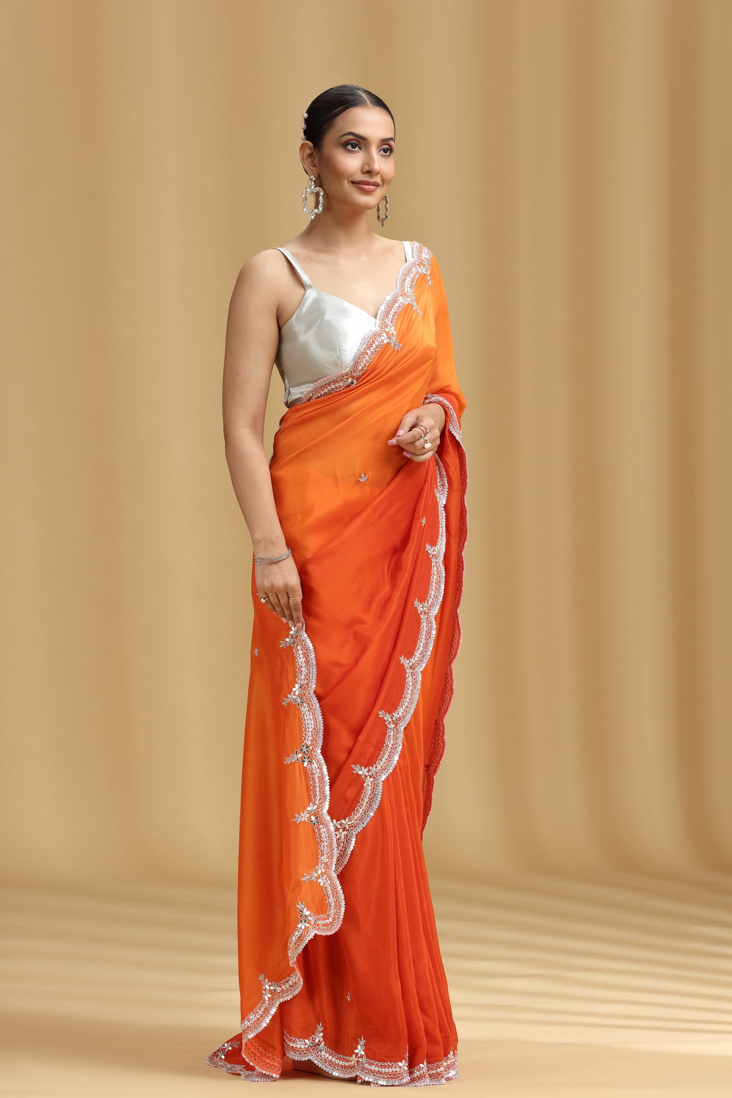 Orange Crepe Saree with Sequins, Cutdana, Stone & Tikki Work (Unstitched)