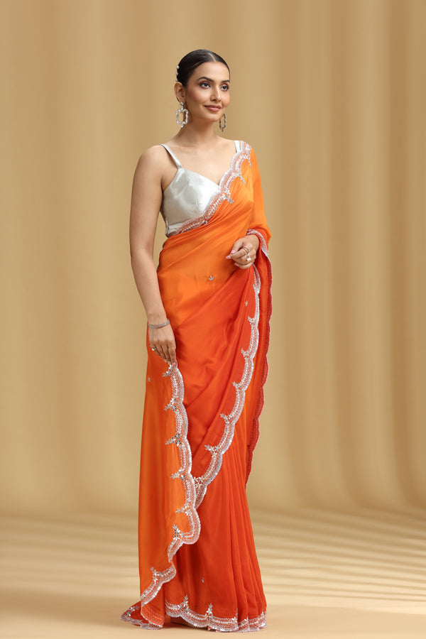 Orange Crepe Saree with Sequins, Cutdana, Stone & Tikki Work (Unstitched)