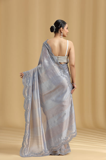 Grey Tissue Organza Saree with Cutdana & Stone Work (Unstitched)