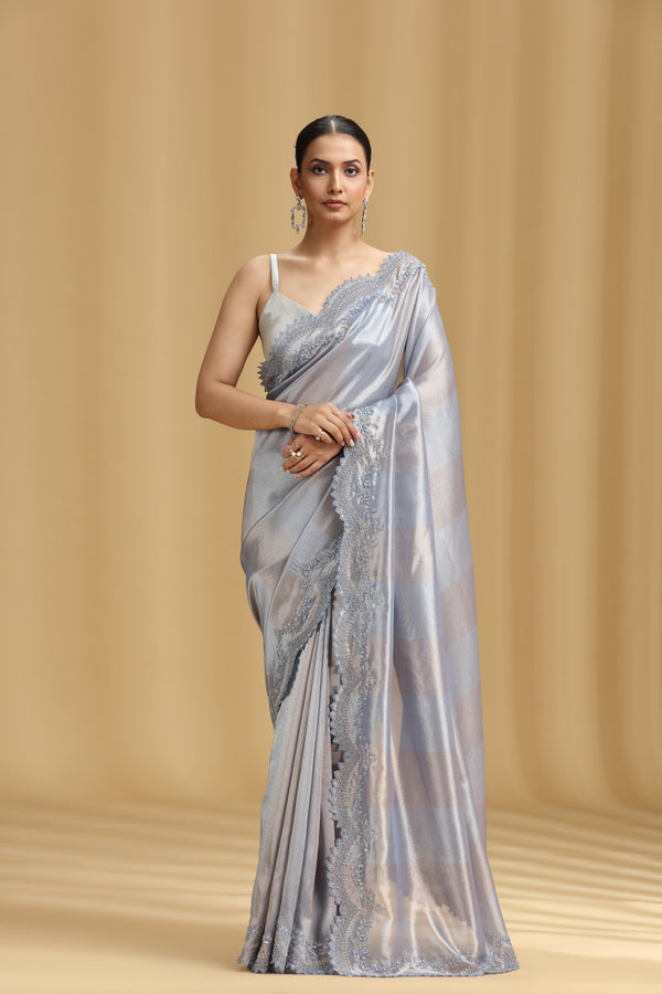 Grey Tissue Organza Saree with Cutdana & Stone Work (Unstitched)
