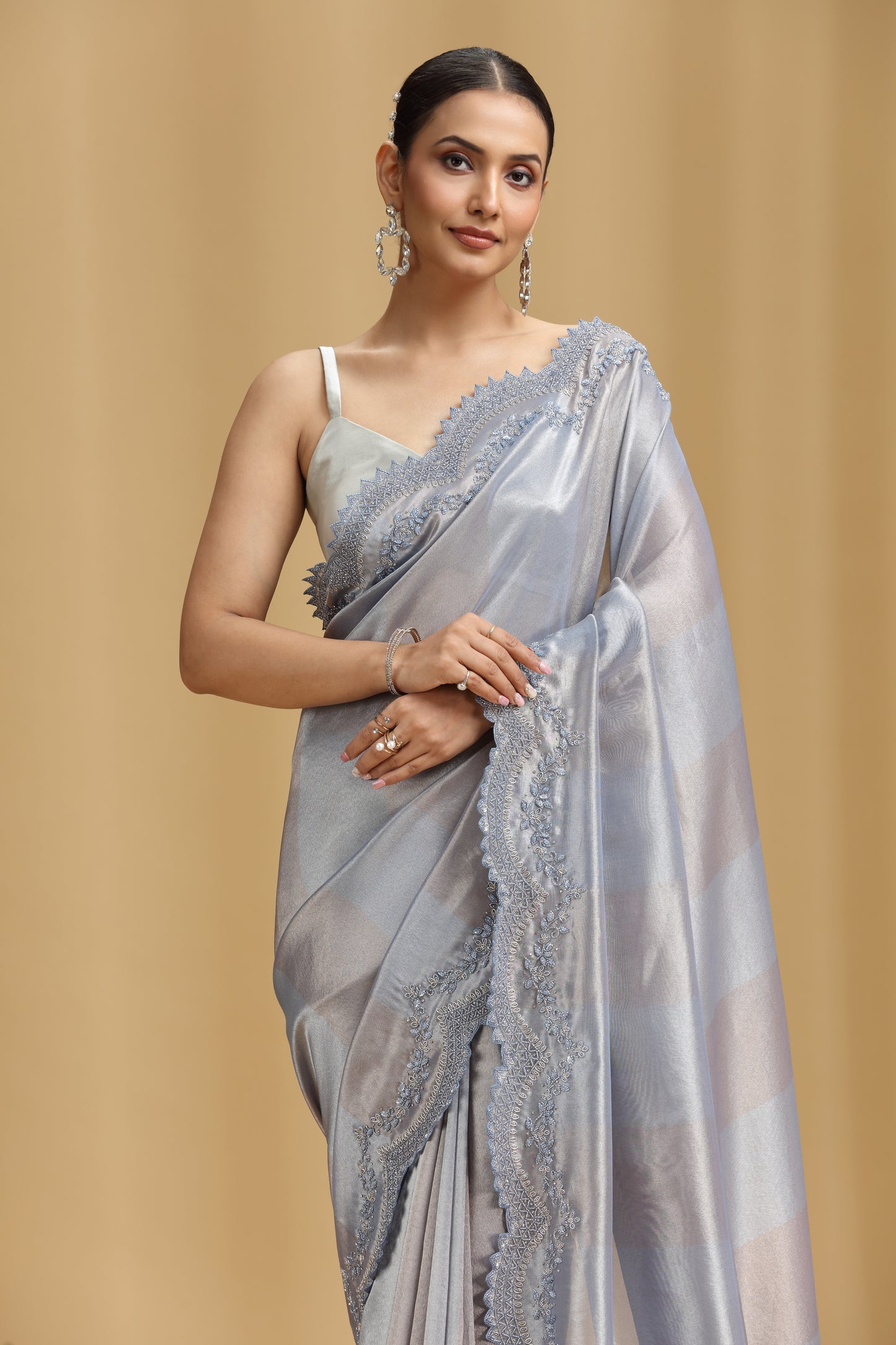 Grey Tissue Organza Saree with Cutdana & Stone Work (Unstitched)