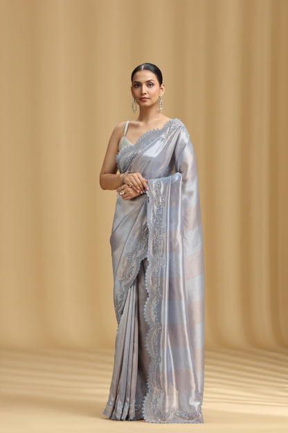 Grey Tissue Organza Saree with Cutdana & Stone Work (Unstitched)