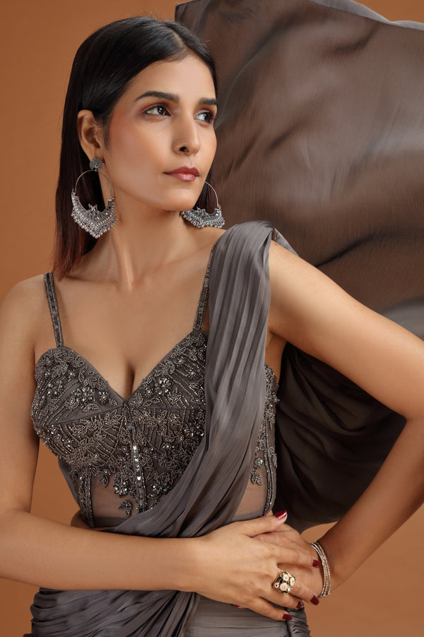 Grey Lehenga Set with Net Blouse, Crepe Skirt & Mukesh Work