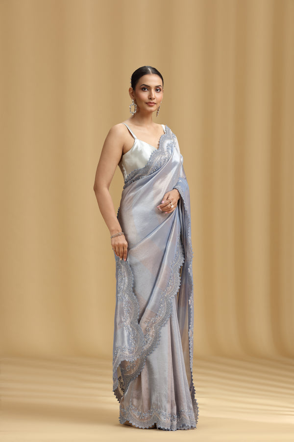 Grey Tissue Organza Saree with Cutdana & Stone Work (Unstitched)