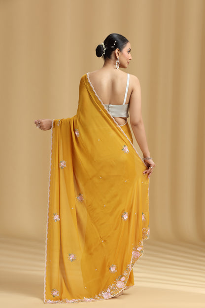 Mustard Yellow Chinnon Saree with Moti, Sequins, Cutdana, Stone & Tikki Work (Unstitched)