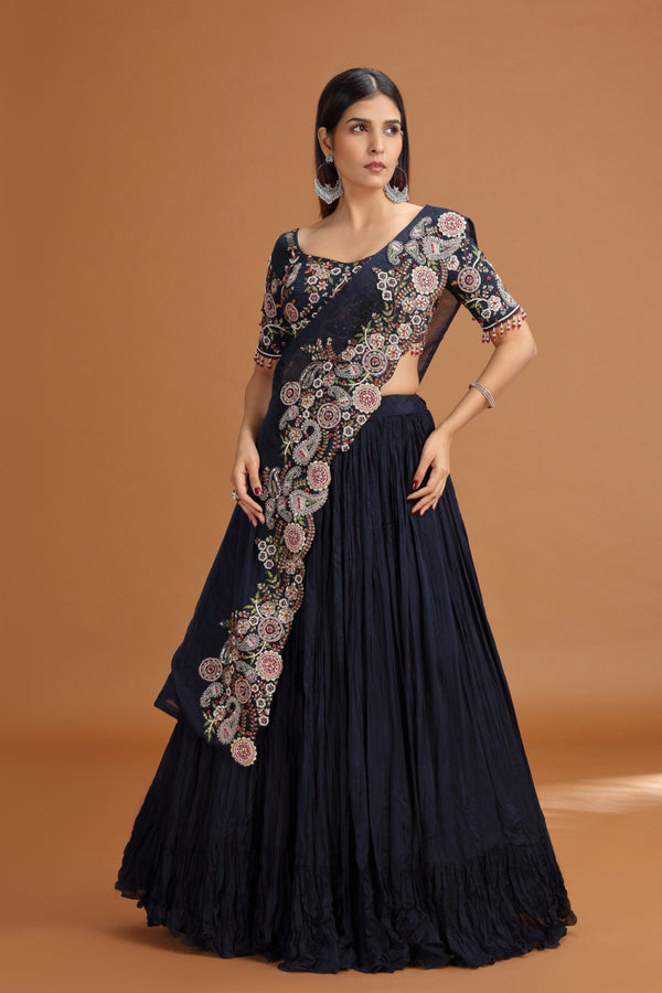 Blue Lehenga Set with Art Raw Silk & Chinnon Fabrics, Heavy Zardosi Work