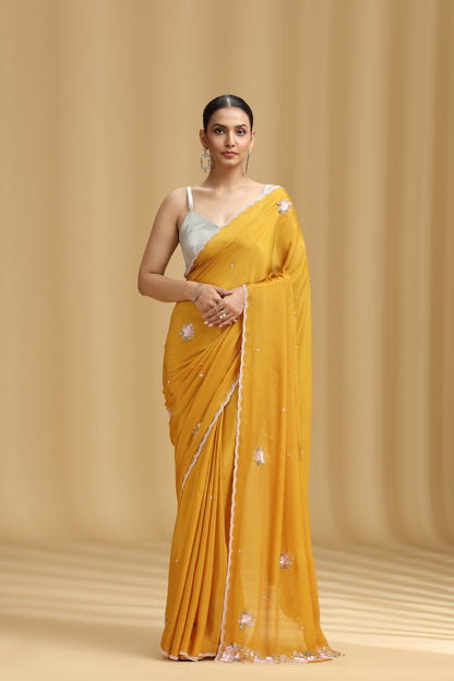 Mustard Yellow Chinnon Saree with Moti, Sequins, Cutdana, Stone & Tikki Work (Unstitched)