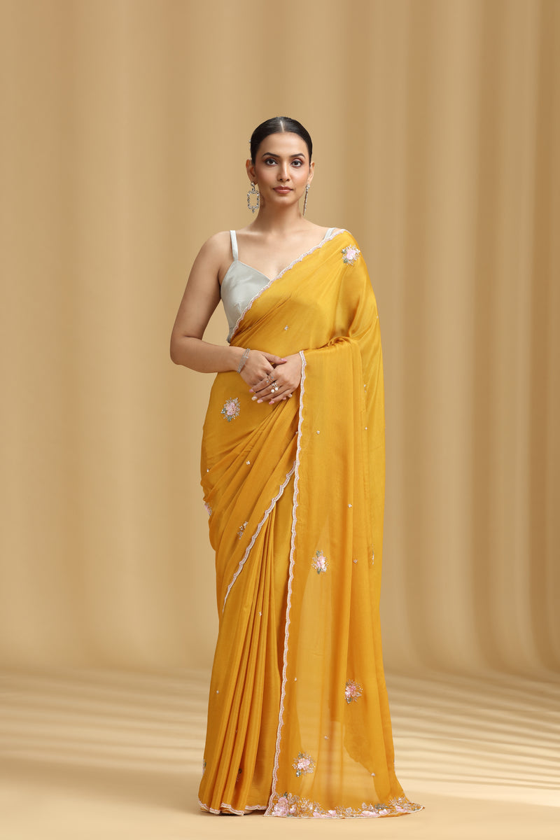 Mustard Yellow Chinnon Saree with Moti, Sequins, Cutdana, Stone & Tikki Work (Unstitched)