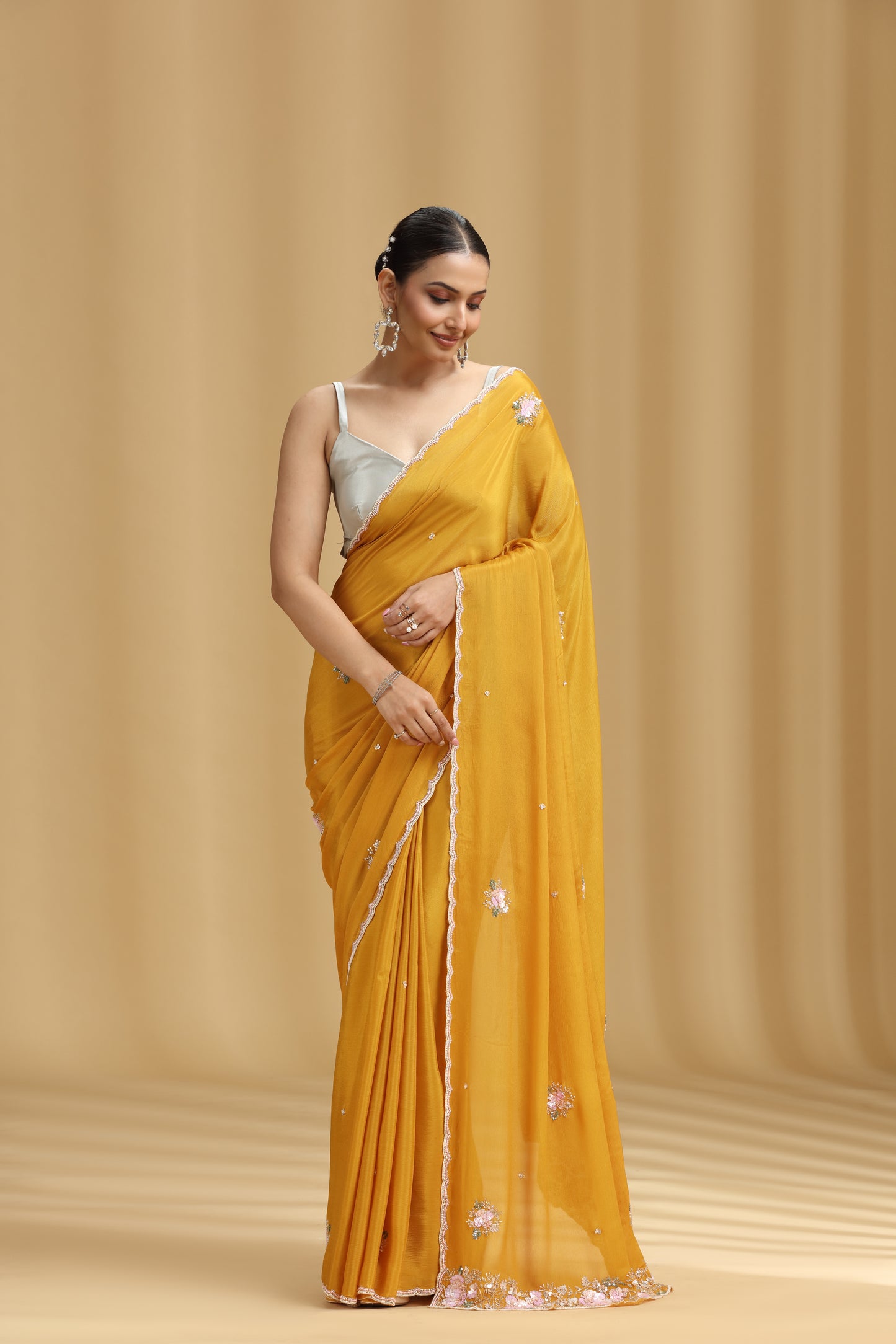 Mustard Yellow Chinnon Saree with Moti, Sequins, Cutdana, Stone & Tikki Work (Unstitched)