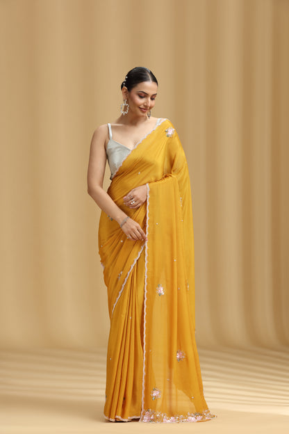 Mustard Yellow Chinnon Saree with Moti, Sequins, Cutdana, Stone & Tikki Work (Unstitched)