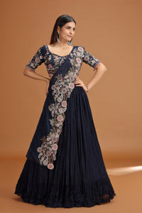 Blue Lehenga Set with Art Raw Silk & Chinnon Fabrics, Heavy Zardosi Work