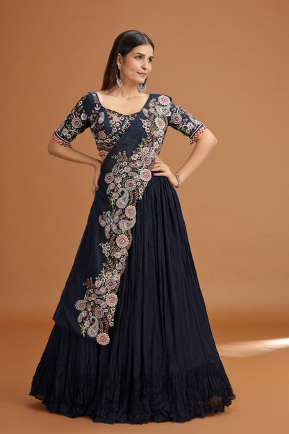 Blue Lehenga Set with Art Raw Silk & Chinnon Fabrics, Heavy Zardosi Work