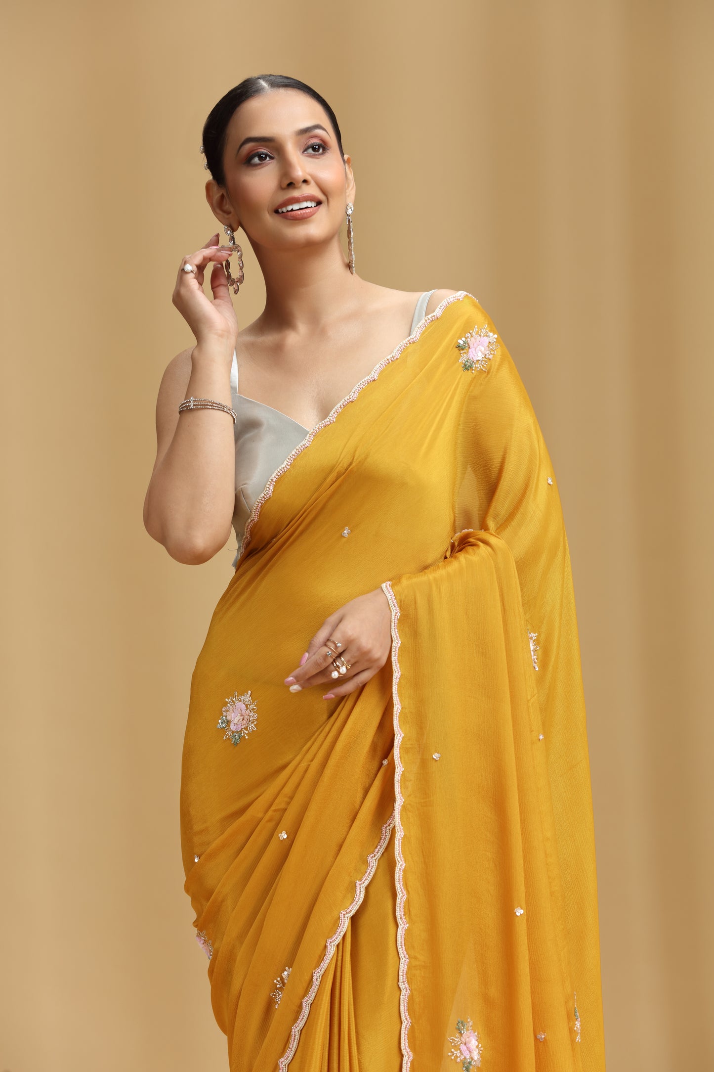 Mustard Yellow Chinnon Saree with Moti, Sequins, Cutdana, Stone & Tikki Work (Unstitched)