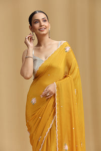 Mustard Yellow Chinnon Saree with Moti, Sequins, Cutdana, Stone & Tikki Work (Unstitched)