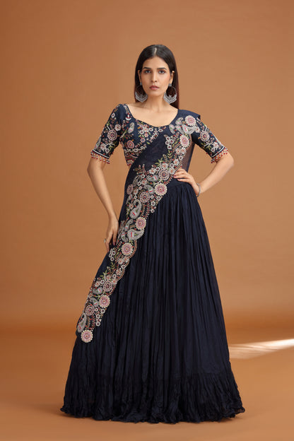 Blue Lehenga Set with Art Raw Silk & Chinnon Fabrics, Heavy Zardosi Work