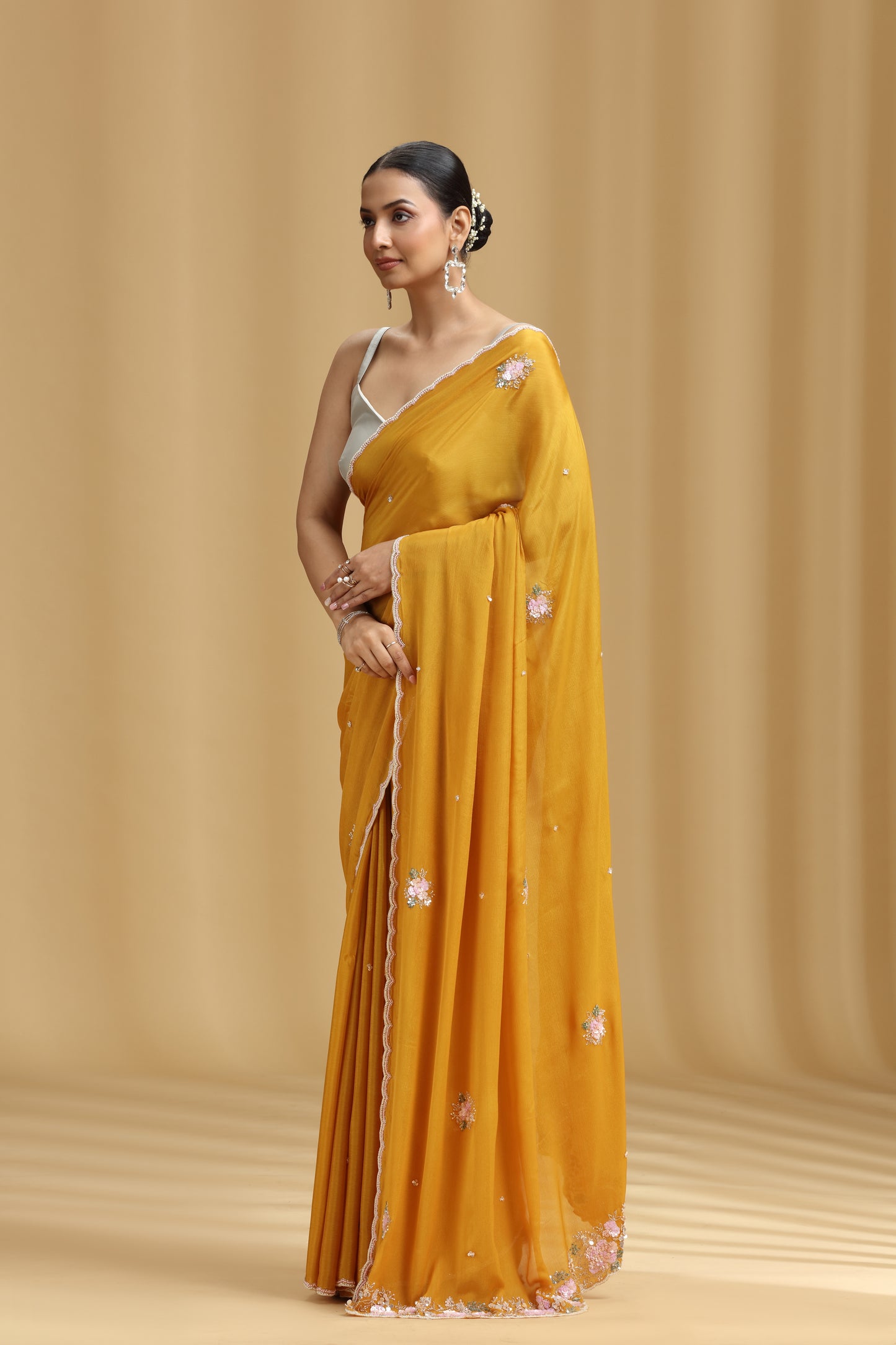 Mustard Yellow Chinnon Saree with Moti, Sequins, Cutdana, Stone & Tikki Work (Unstitched)