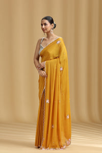 Mustard Yellow Chinnon Saree with Moti, Sequins, Cutdana, Stone & Tikki Work (Unstitched)