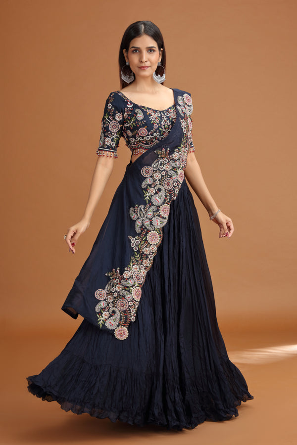 Blue Lehenga Set with Art Raw Silk & Chinnon Fabrics, Heavy Zardosi Work
