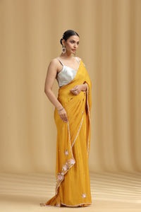 Mustard Yellow Chinnon Saree with Moti, Sequins, Cutdana, Stone & Tikki Work (Unstitched)