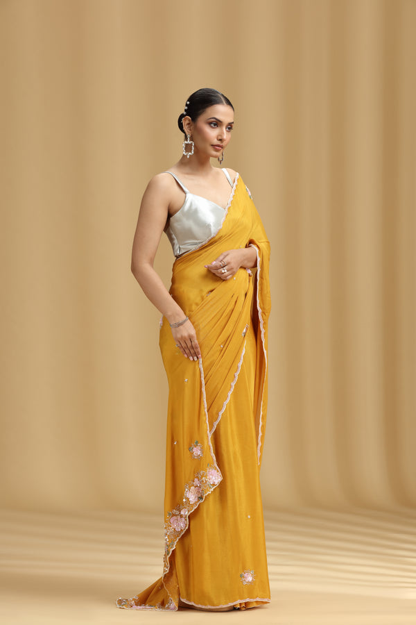 Mustard Yellow Chinnon Saree with Moti, Sequins, Cutdana, Stone & Tikki Work (Unstitched)