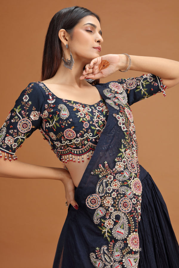Blue Lehenga Set with Art Raw Silk & Chinnon Fabrics, Heavy Zardosi Work