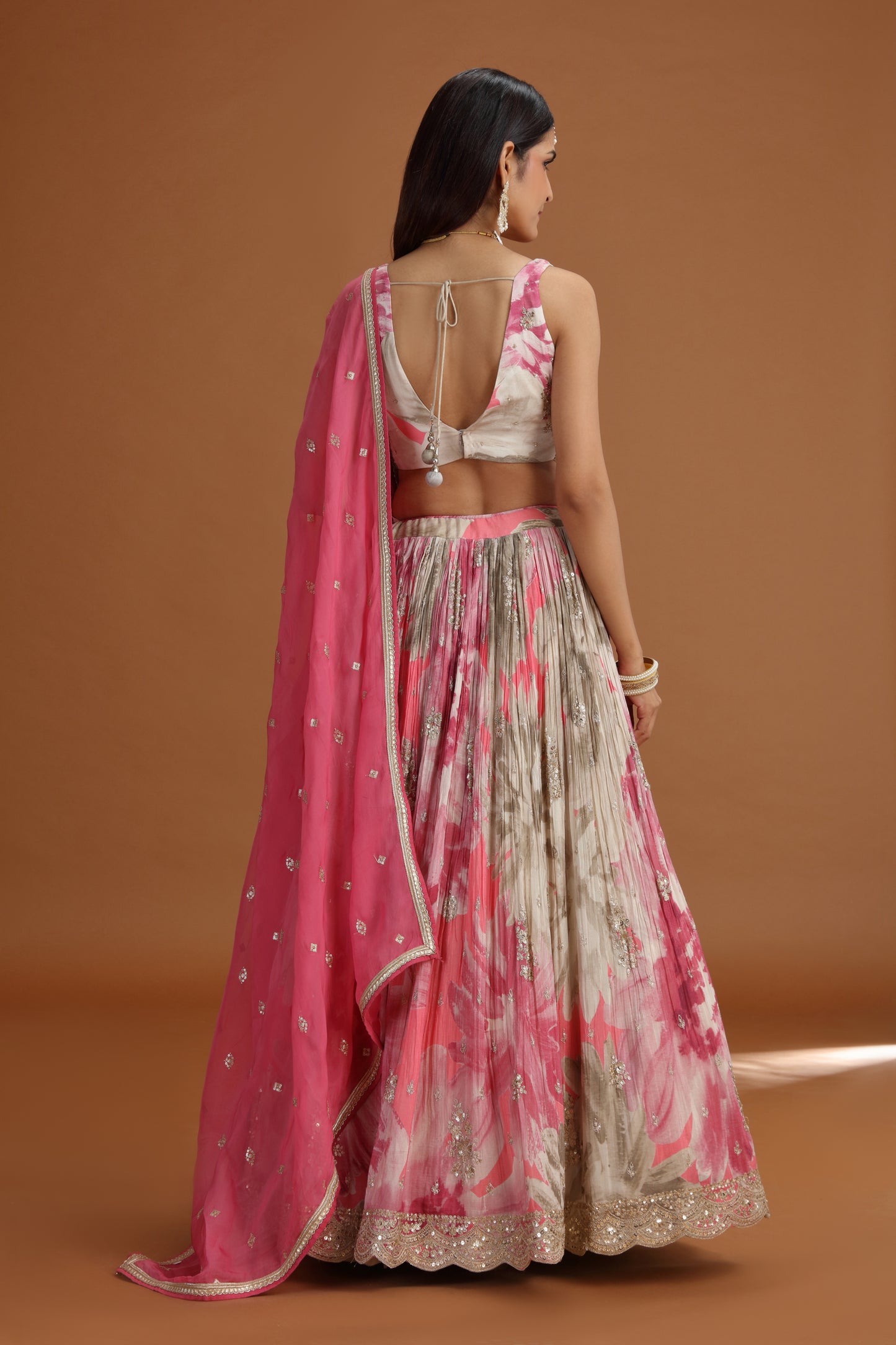 Pink Chinnon Lehenga Set with Organza Dupatta & Zari Zardosi Work