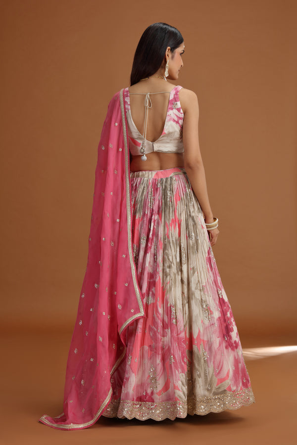 Pink Chinnon Lehenga Set with Organza Dupatta & Zari Zardosi Work