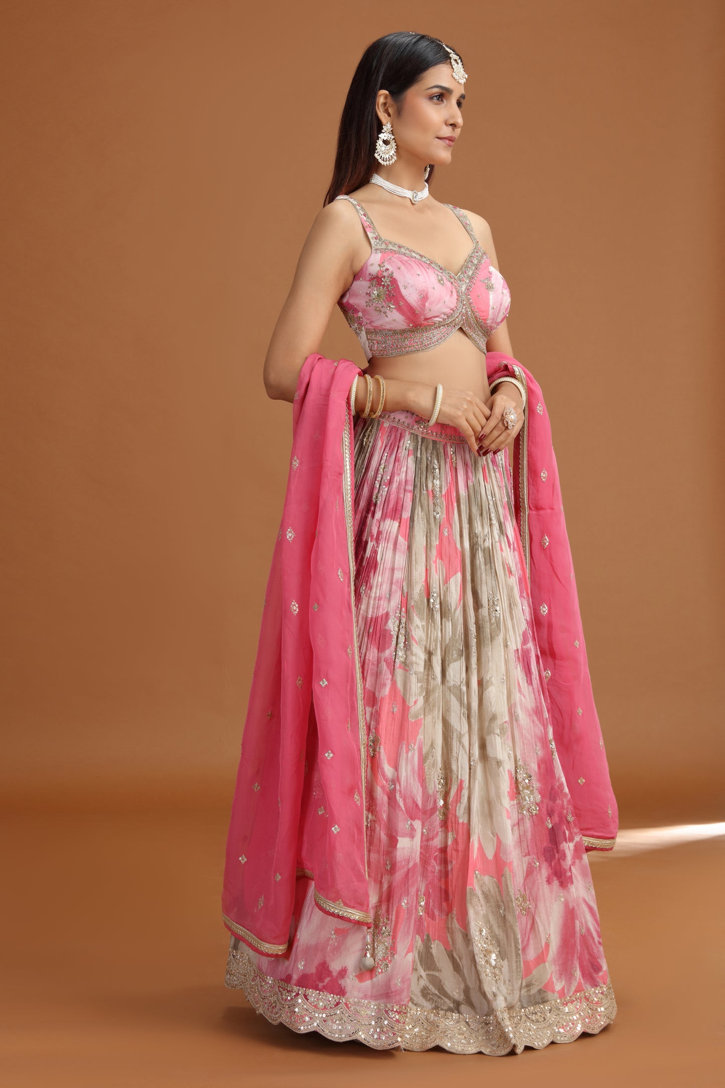 Pink Chinnon Lehenga Set with Organza Dupatta & Zari Zardosi Work