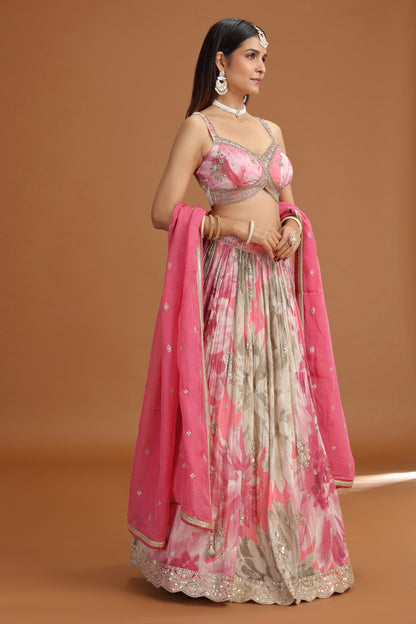 Pink Chinnon Lehenga Set with Organza Dupatta & Zari Zardosi Work