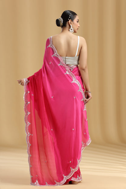 Red Satin Silk Saree with Stone Detailing and Unstitched Blouse