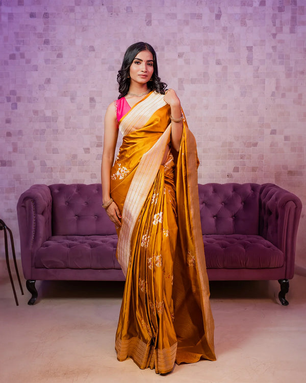 Mustard Banarasi Silk Saree with Floral Buti Weaving