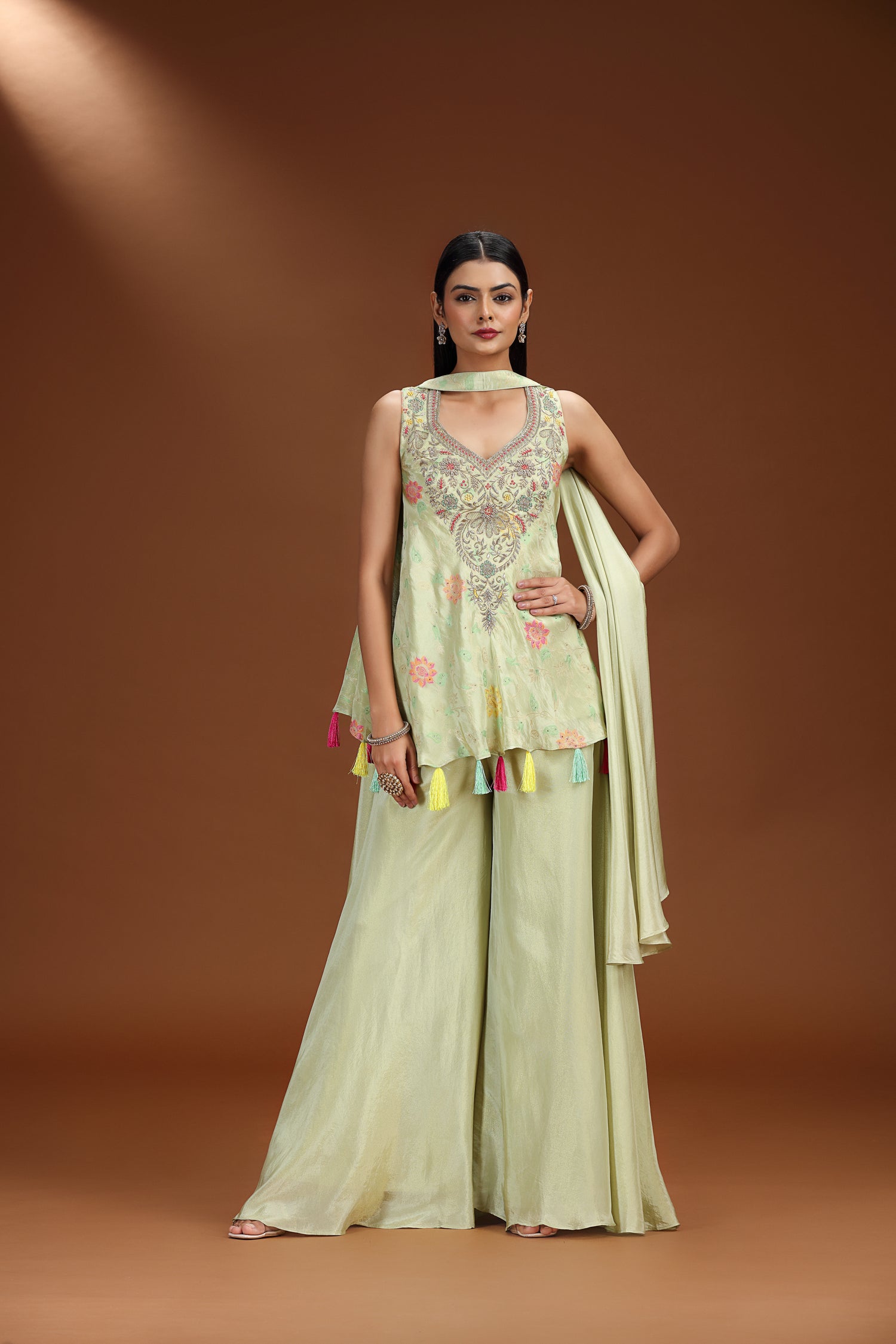 Woman wearing a light green Banarasi Silk Salwar Suit