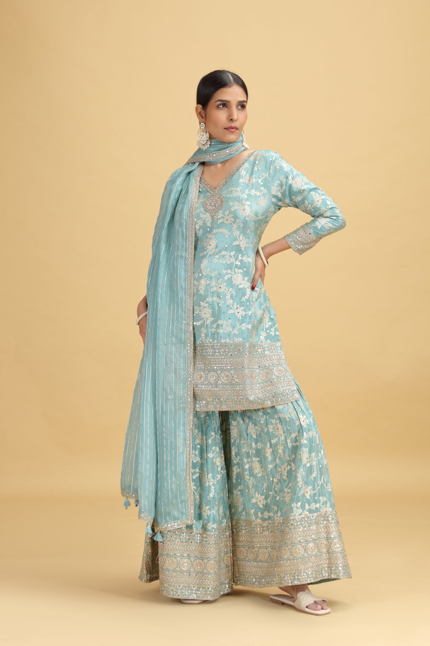 Woman wearing a light blue salwar kameez