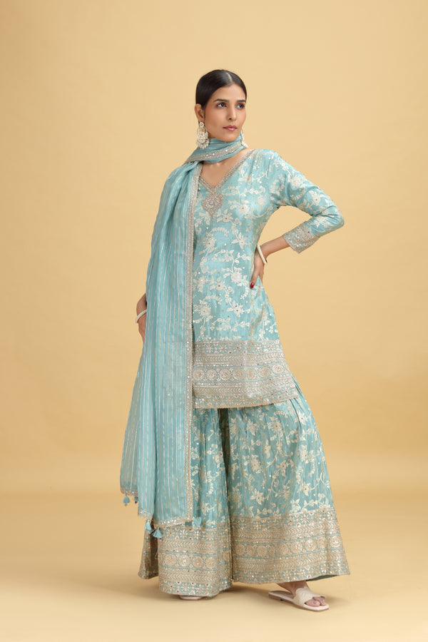 Blue Banarasi Silk Suit Set with Mirror, Sequins & Zari Work