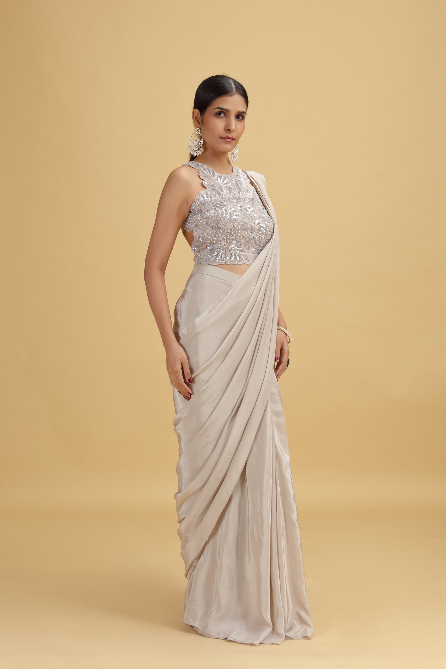 Roopkala Beige Crepe Saree