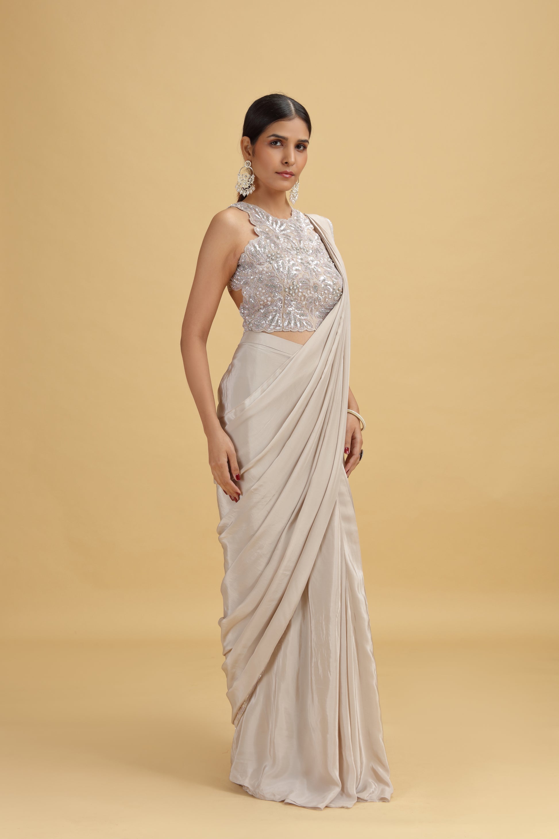 Roopkala Beige Crepe Saree