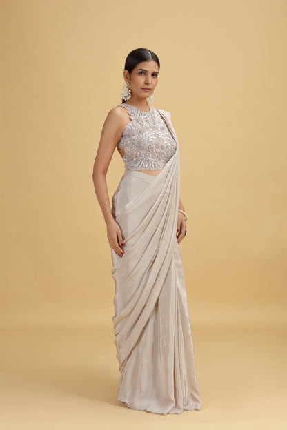 Roopkala Beige Crepe Saree