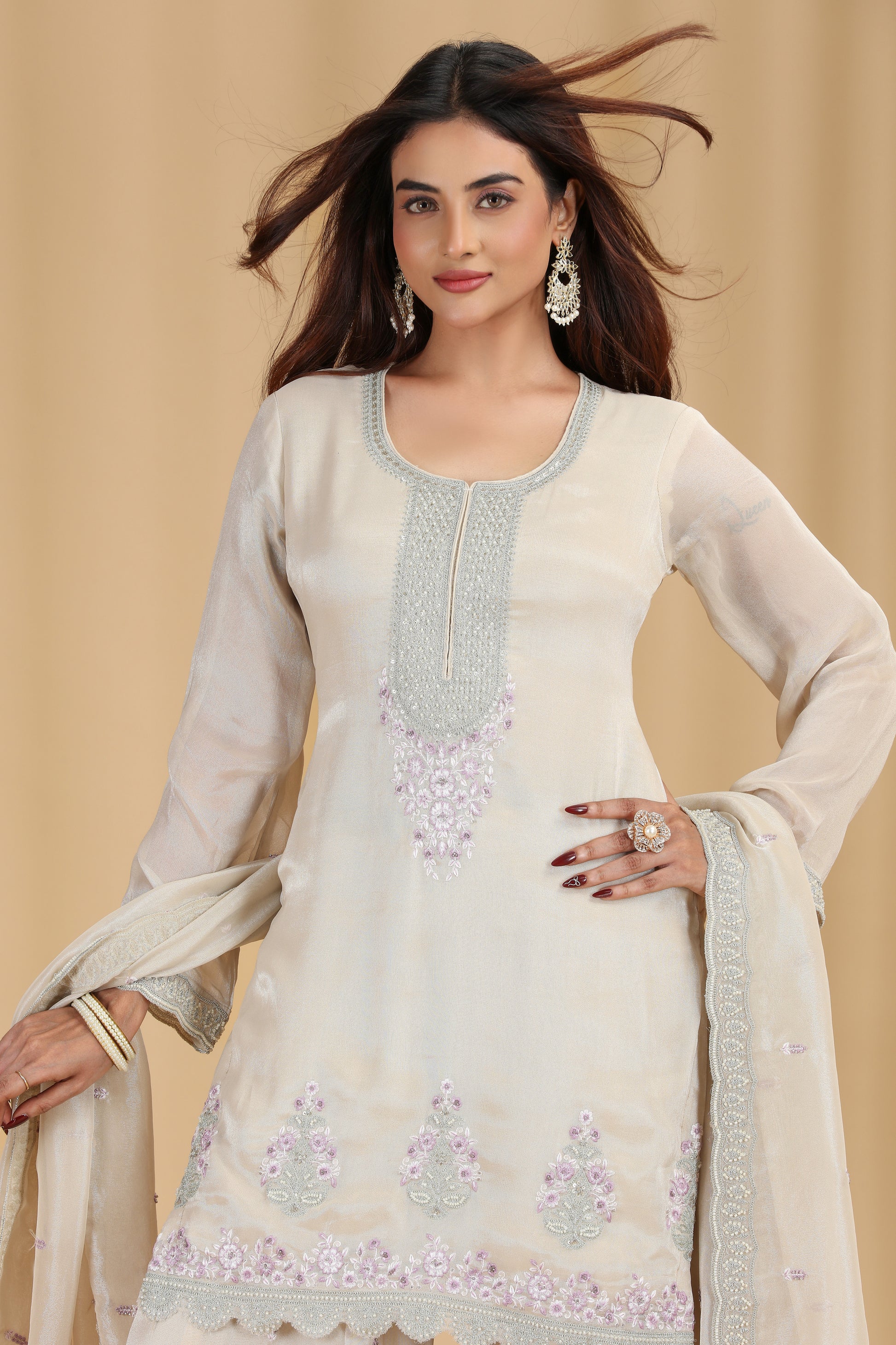 Woman wearing a festive beige tissue salwar kameez with intricate zari embroidery