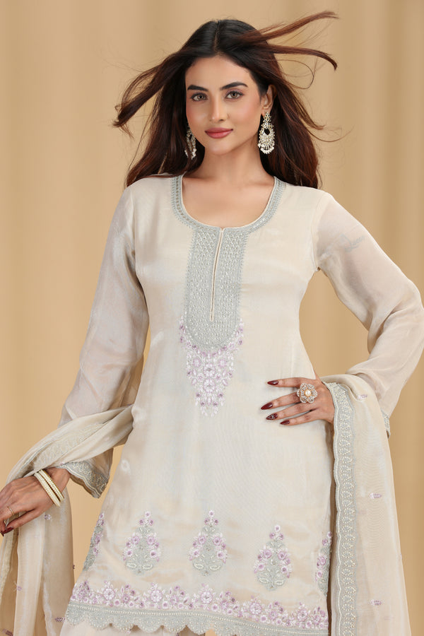 Beige Tissue Suit Set with Sequins, Cutdana, Resham & Zari Work