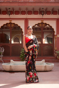 Black Georgette Saree with Resham Weaving and Floral Embroidery