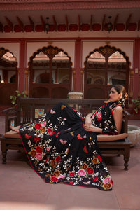 Black Georgette Saree with Resham Weaving and Floral Embroidery