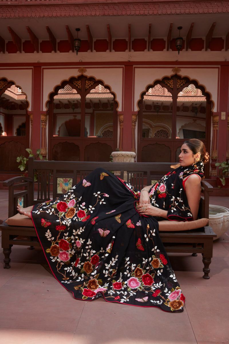 Black Georgette Saree with Resham Weaving and Floral Embroidery