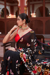 Black Georgette Saree with Resham Weaving and Floral Embroidery