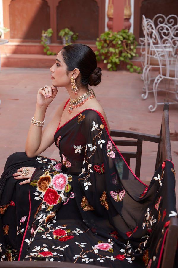 Black Georgette Saree with Resham Weaving and Floral Embroidery