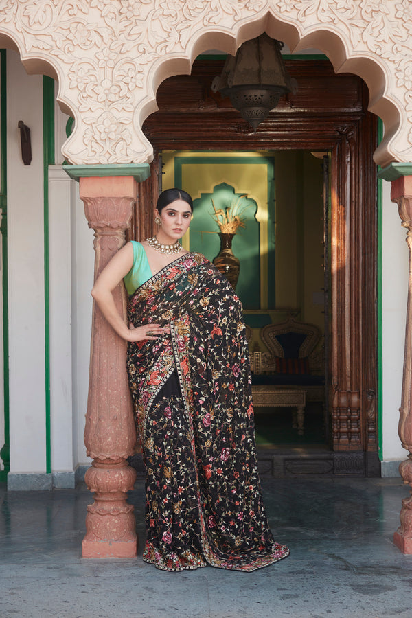 Black Georgette Saree with Resham Weaving and Vibrant Bird & Floral Motifs