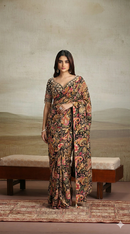 Woman wearing a floral saree in a minimalistic setting