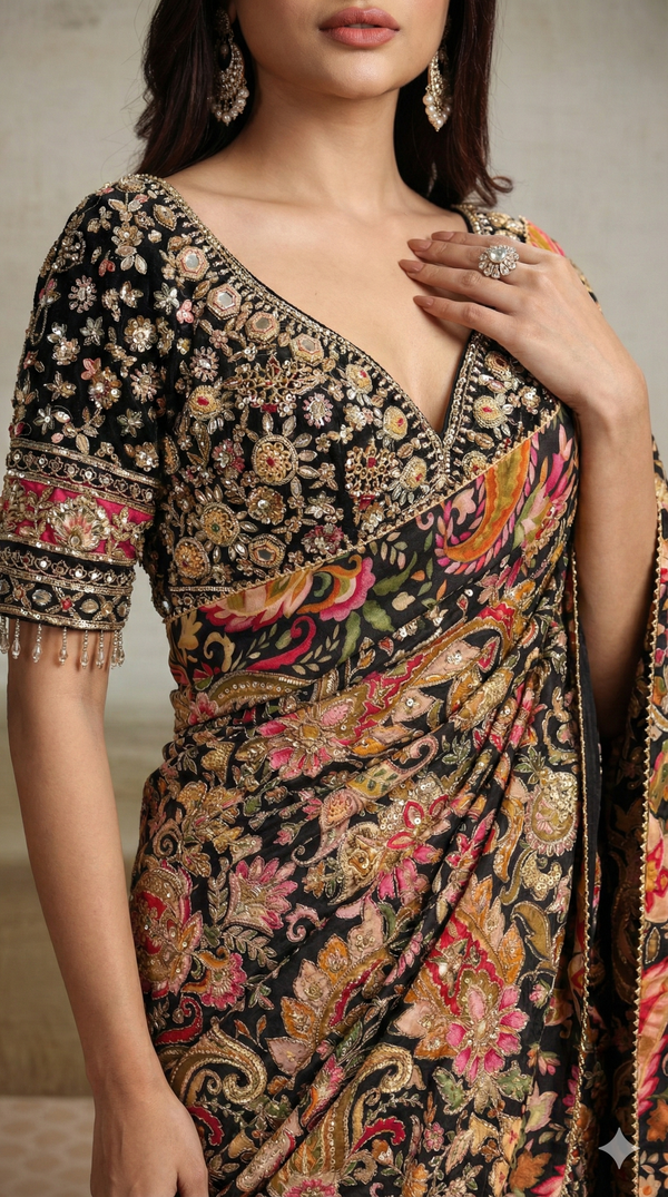 Elegant Black Crepe Saree with Zardosi, Moti, Sequence, Jadkan, Kundan, and Cutdana Work
