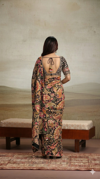 Woman in a floral black saree standing in front of a textured wall.
