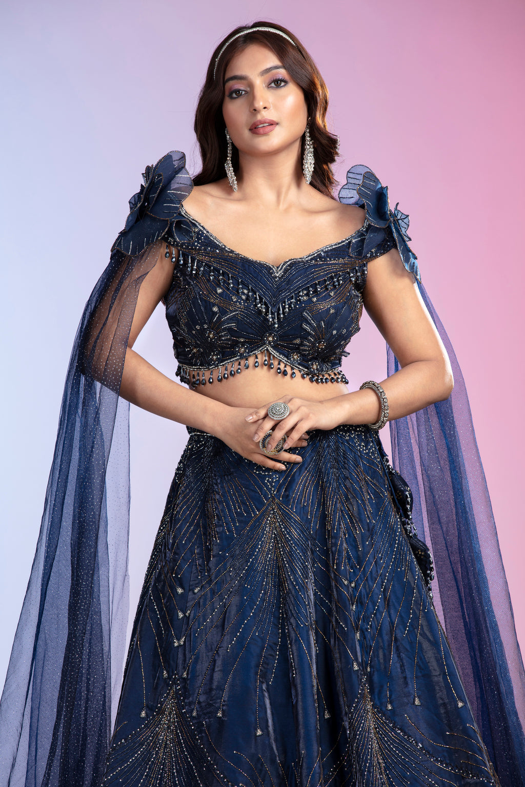 Blue Net Lehenga Set with Sequins, Cutdana & Pearl Embellishments